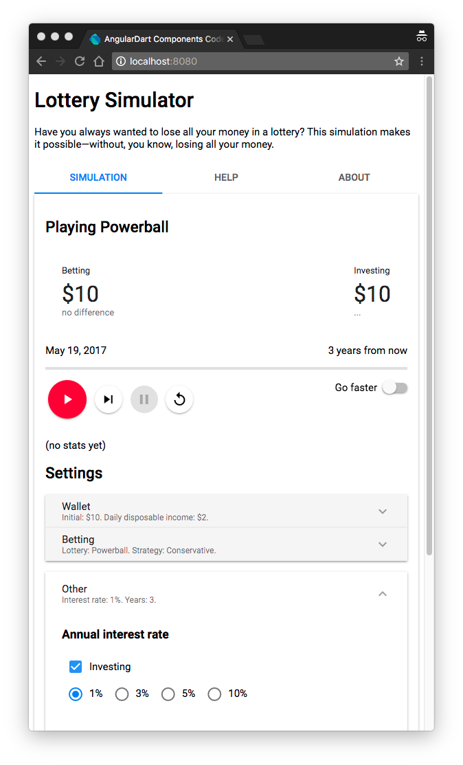 Screenshot of the Lottery Simulator example from the AngularDart Components codelab